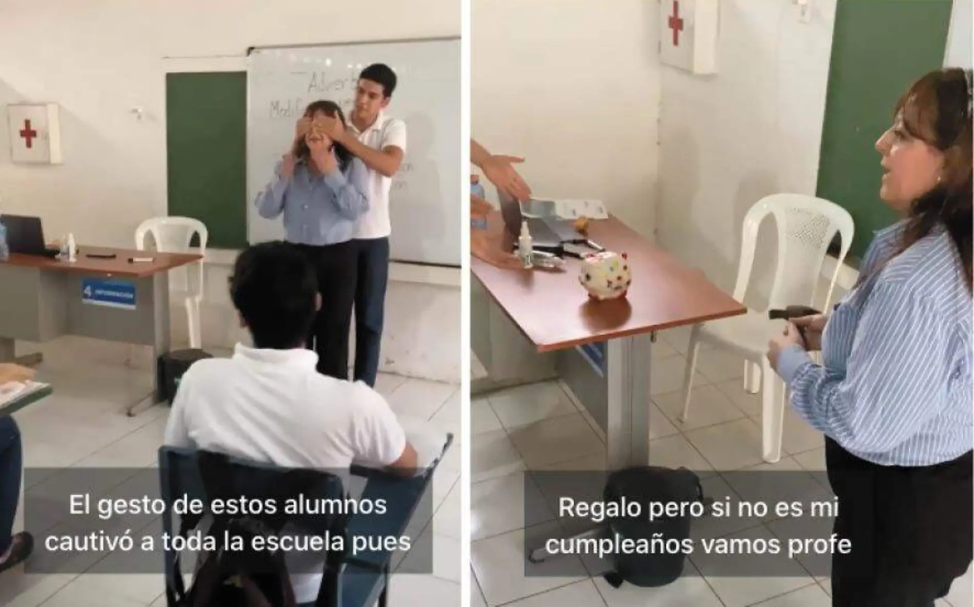 Estudiantes regalan alcancía llena a su maestra